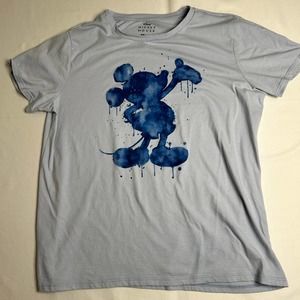 Mickey Mouse Mens L  T Shirt with Blue Paint Splatter Mickey 50& Cotton 50% Poly